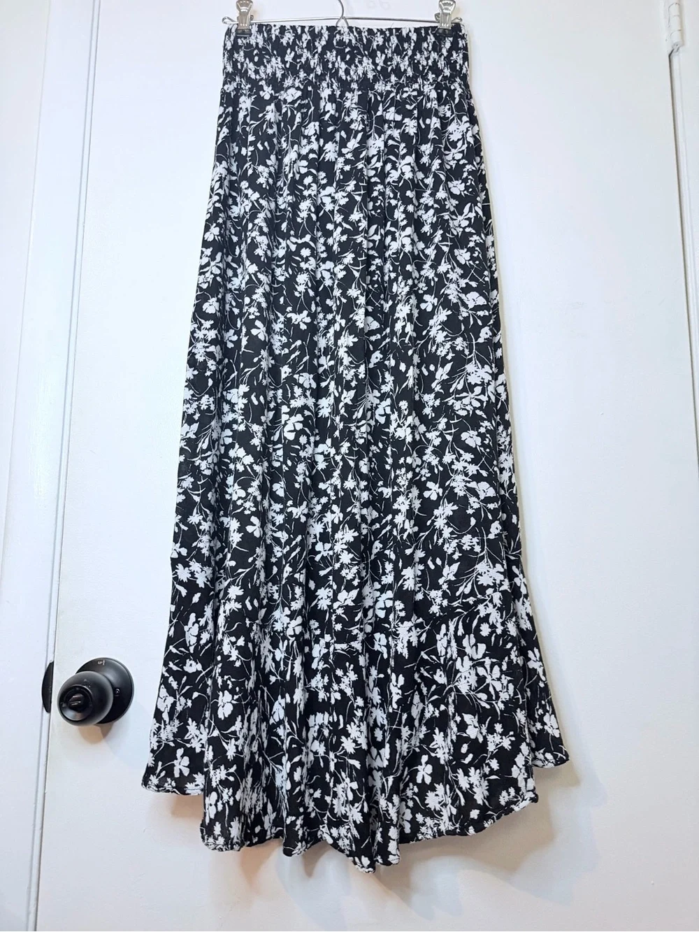 Rachel Zoe Boho Maxi Skirt  S Black Floral Smocked Waist  Button Up Cottagecore